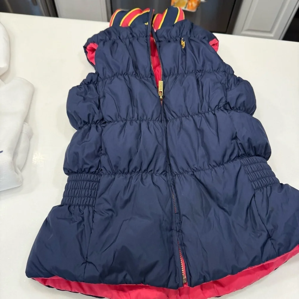 Ralph Lauren Girls 2 PCS Set Reversible Down Puffer Vest & White Hoodie M(8-10)